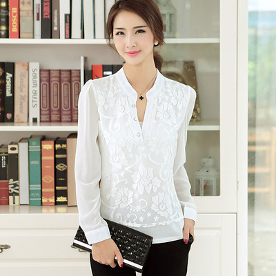 2016秋季韩版修身显瘦上衣V领雪纺白色印花衬衫女士打底衫