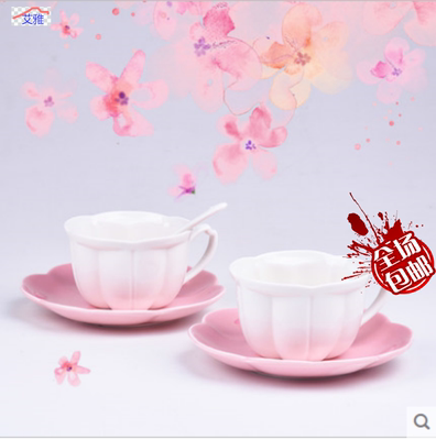 艾雅 创意樱花陶瓷杯子 花茶杯 办公室茶杯情侣男女水杯带勺带碟