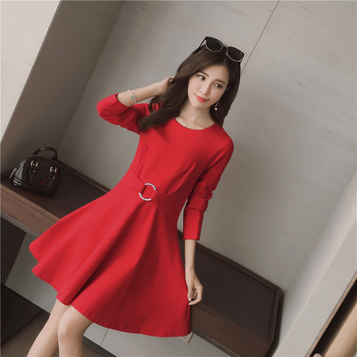 2016秋季新款韩版圆领长袖红黑纯色打底裙修身收腰显瘦气质连衣裙