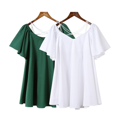 2016夏季新款韩版绿色纯色大码性感一字领显瘦短袖短裙连衣裙