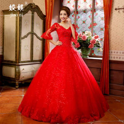 红色中袖婚纱礼服新款2015秋冬季韩式宫廷大码胖MM显瘦齐地新娘女