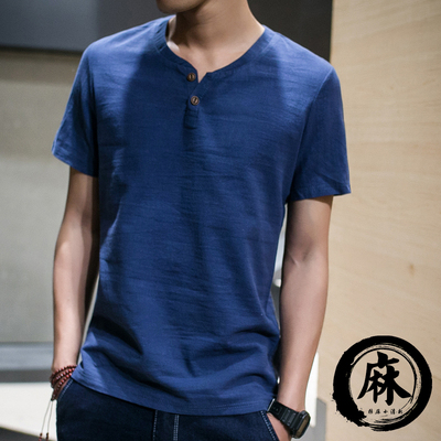 2017男士短袖T恤 v领纯色体恤亚麻棉麻夏季日系宽松韩版半袖上衣