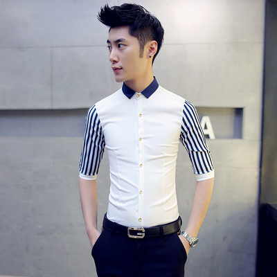 春季男士五分袖衬衫 青年韩版修身发型师夜店条纹半袖紧身衬衣 潮