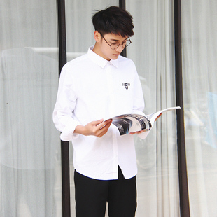 夏日式男士白色衬衫长袖衬衣韩版后背字母印花衬衫简洁学院风宽松