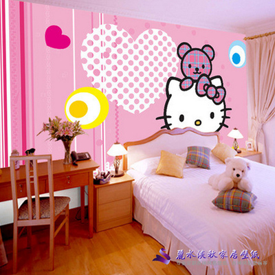 卡通动漫客厅电视背景墙壁纸壁画凯蒂猫hellokitty粉色爱心圆点墙