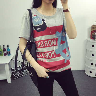 2015夏季新款宽松大码女装条纹短袖印花韩版学生t恤半袖女上衣潮
