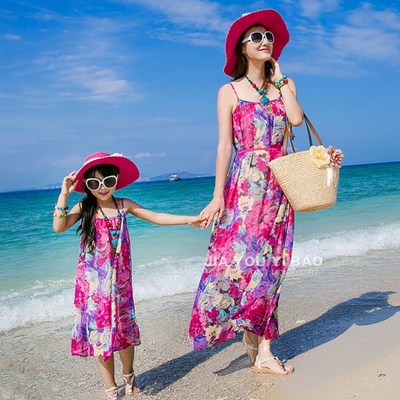 母女装夏季2015新款亲子装 韩版沙滩海边长款修身雪纺吊带连衣裙