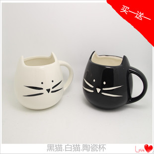 促销陶瓷动物水杯喝水马克杯 可爱猫咪带手柄杯子 创意情侣杯对杯