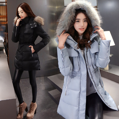 2015冬季新款连帽长袖棉衣中长款韩版时尚修身超大毛领女装棉服