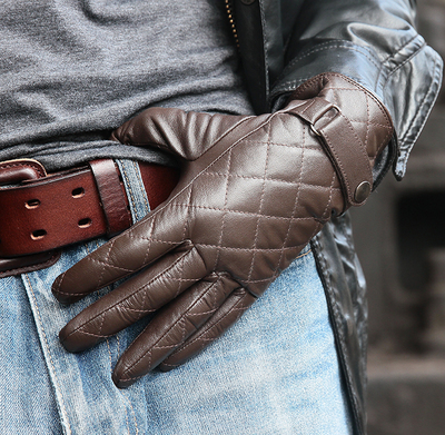 2015秋冬季男士保暖时尚菱形真皮手套加绒加厚防寒羊皮包邮