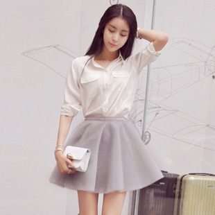 韩版秋季时尚女学院风纯棉白衬衫网纱灰色修身半身裙套装包邮