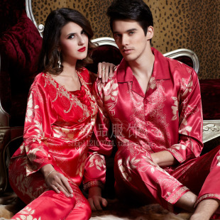 春秋新婚真丝绸男女情侣睡衣长袖套装 本命年结婚大红两件套睡袍