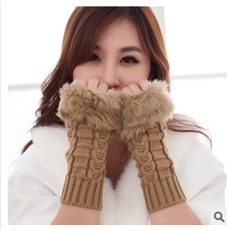 韩版针织毛线长款半指手套仿兔毛女士冬季保暖半截露指键盘手臂套