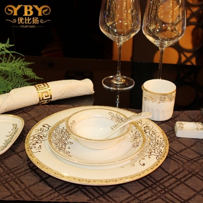 星级酒店高档欧式家居日用黄金镶边台面餐具摆台套装陶瓷碗勺骨碟