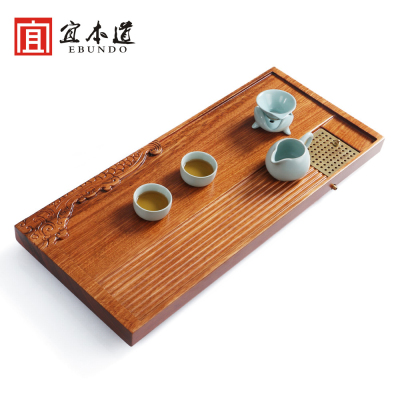乌金木整块彩绘实木茶盘 浮雕干泡茶台 排水式红木茶海功夫茶具