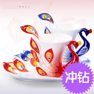 创意陶瓷孔雀杯欧式情侣杯 珐琅瓷咖啡杯碟套装一对创意结婚 包邮
