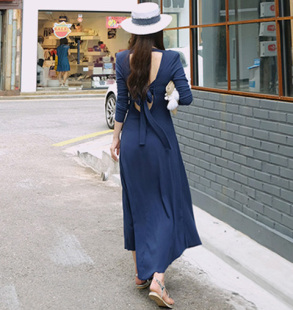 2016年秋冬新款韩国fashion 气质蓝色长款后系带露背修身显瘦女