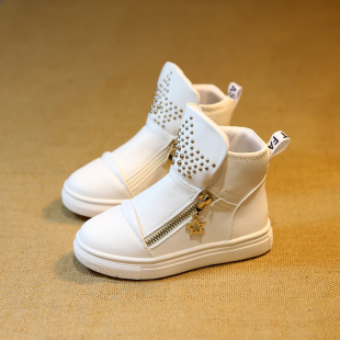2015新款女童冬鞋高帮白色运动鞋板鞋韩版铆钉女中大童鞋短靴棉鞋