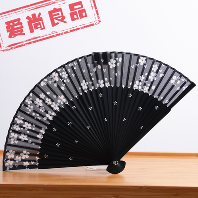 夏季真丝折叠扇子中国风女式折扇日式和风工艺小扇黑色日本樱花扇