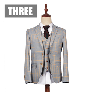 THREE 橙色格子修身西服 商务休闲韩版复古格纹男士瘦身西装礼服