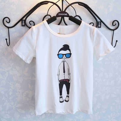 2015夏季新款儿童衬衣 韩版中性风男女童纯棉百搭卡通小人短袖T恤