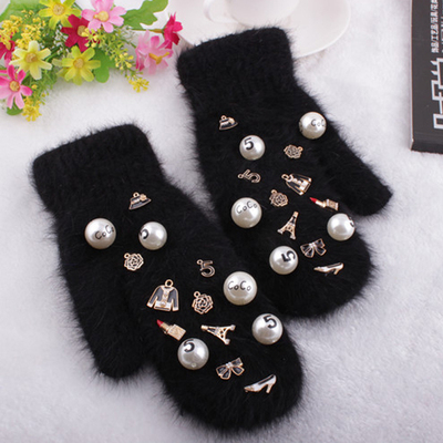 2015新款韩版小香风珍珠手工手套女冬季可爱兔毛线保暖加厚棉手套