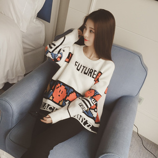 2015秋季新款欧美风卡通字母宽松 长袖毛衣套头女韩版甜美针织衫