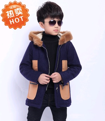 2015秋冬季童装 韩版新款 拼接毛呢外套 儿童休闲拼接呢子大衣