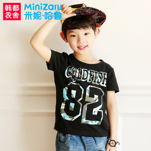 韩都衣舍米妮哈鲁童装男童T恤夏2015款韩版套头短袖字母儿童T恤3