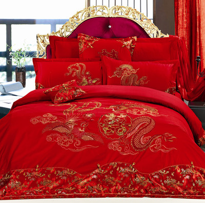 婚庆大红床品多套件全棉婚庆四件套件套刺绣床单床上用品特价包邮