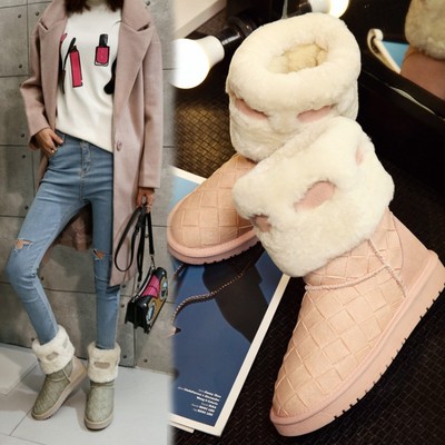 韩国香港代购 女短靴羊皮毛一体雪地靴 冬季加厚保暖中筒靴加绒靴