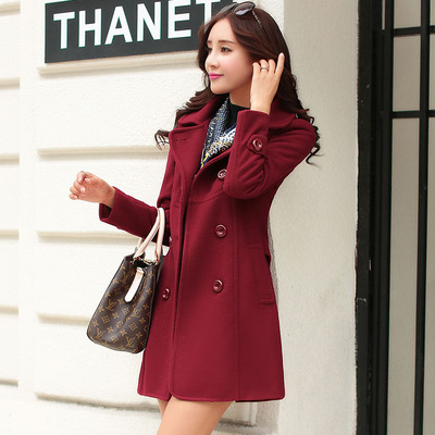 2015秋冬新款韩版女装修身呢子大衣气质中长款双排扣大码毛呢外套