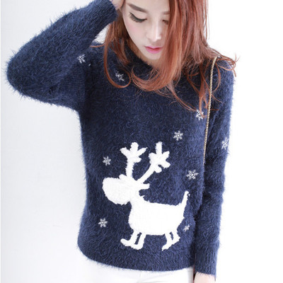 2015韩版圣诞款雪花小鹿马海毛套头打底毛衣针织毛衣