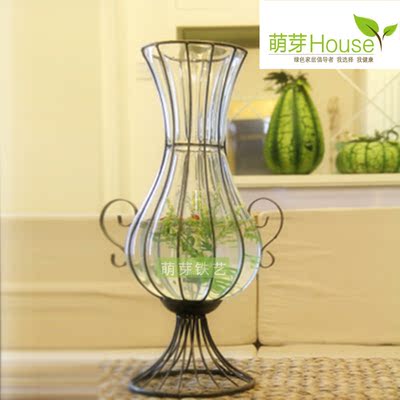 欧式透明玻璃花瓶摆件落地花瓶摆件家居饰品装饰花瓶铁艺玻璃花瓶