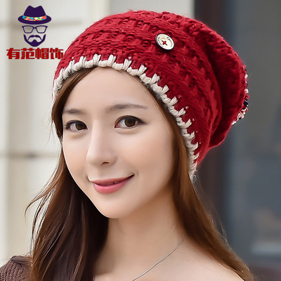 韩版毛线帽堆堆帽冬季女士针织帽 时尚纽扣加绒加厚保暖护耳帽子