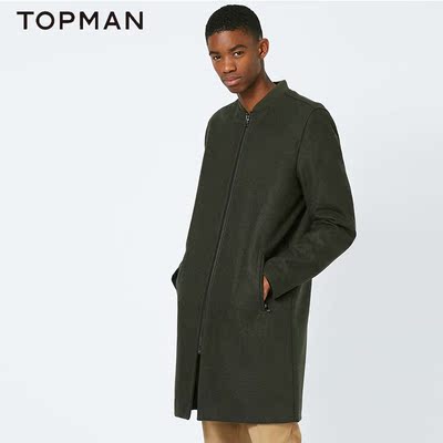 TOPMAN男士军绿色长款羊毛混纺休闲时尚长款风衣外套|64D13AKHA