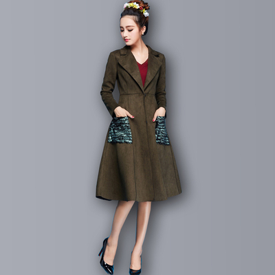 2015外套女秋冬新款修身时尚风衣复古POLO领长款收腰拼接口袋大衣
