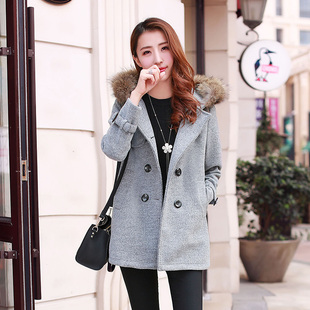 2015冬季新款韩版修身双排扣长袖毛呢外套女装羊毛面料时尚青春潮