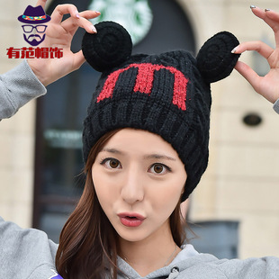 猫耳朵毛线帽子女甜美可爱韩版冬季保暖帽时尚字母针织帽新款2015