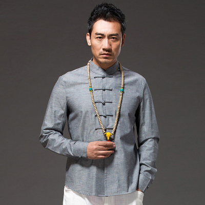 中国风 棉麻唐装男士修身盘扣长袖立领中式衬衫民族风服装男