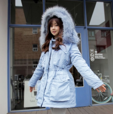 2015冬装新款韩版大码毛领修身马卡龙蓝色棉服中长口袋棉衣女外套