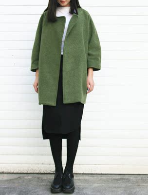 原创设计 LINER秋冬款女九分袖羊绒毛呢宽松茧型轮廓大衣呢子外套