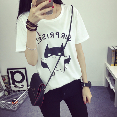 夏季新款蝙蝠侠印花短袖T恤女韩版宽松高中学生半袖上衣服女小衫