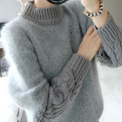 2015新款秋装女士毛衣外套套头小款韩版学生宽松袖兔毛拼接针织衫