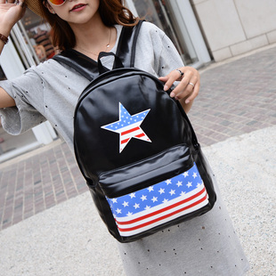 韩版男女双肩包电脑背包潮五角星图案潮女PU皮包中学生黑色书包包
