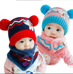 韩版秋冬童针织帽婴儿帽子宝宝帽子冬季新款小狗护耳帽+围巾套装