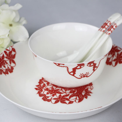 唐山红玫瑰骨质瓷陶瓷餐具家用年年有余剪纸餐具 盘碗单品