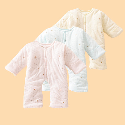 秋冬季加厚婴儿带袖前扣儿童睡衣宝宝长袖带护膝夹棉肚兜护肚脐