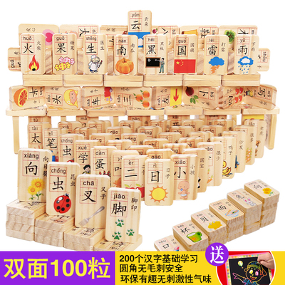 儿童识字多米诺骨牌100片大号汉字木制积木益智智力拼装拼图玩具
