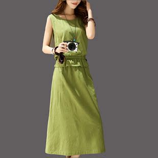 连衣裙2015夏 韩国棉麻修身显瘦无袖中长款气质休闲新款优雅长裙
